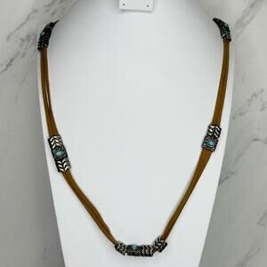 Sarah Brown Cord and Silver Tone Faux Turquoise Concho Boho Necklace
